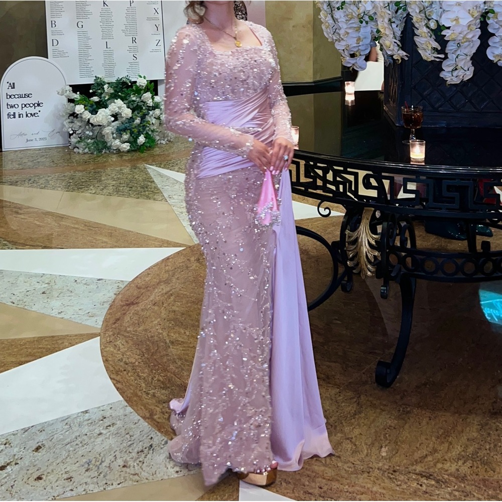 Walone Pink Long Sleeve Jeweled Satin Detail Side Skirt Evening Dress